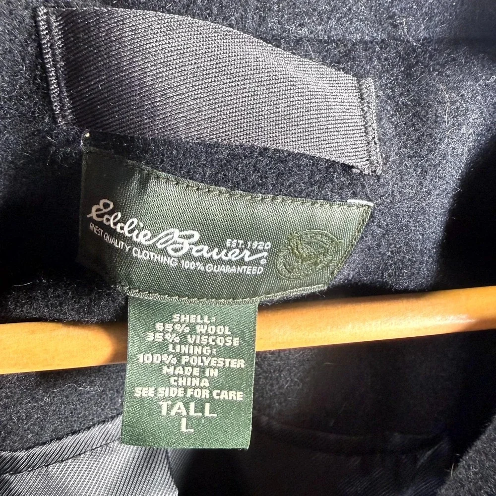 Eddie Bauer Peacoat Men's Large Tall LT Black Wool Double-Breasted Notch Lapel‎
